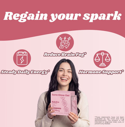 Woman holding a product package with text about energy, brain fog, and hormone support on a pink background.