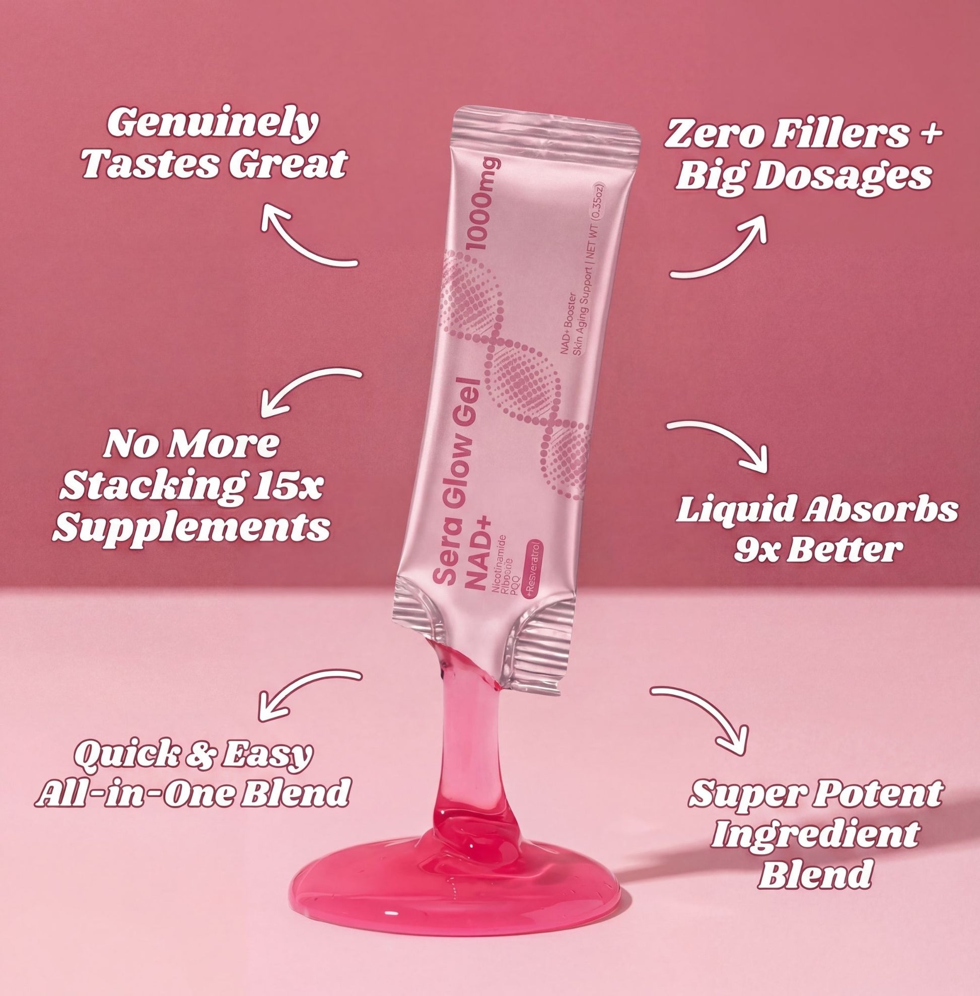 Supplement package with pink liquid on a pink background, featuring text about its benefits.