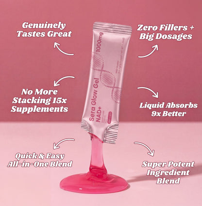 Supplement package with pink liquid on a pink background, featuring text about its benefits.