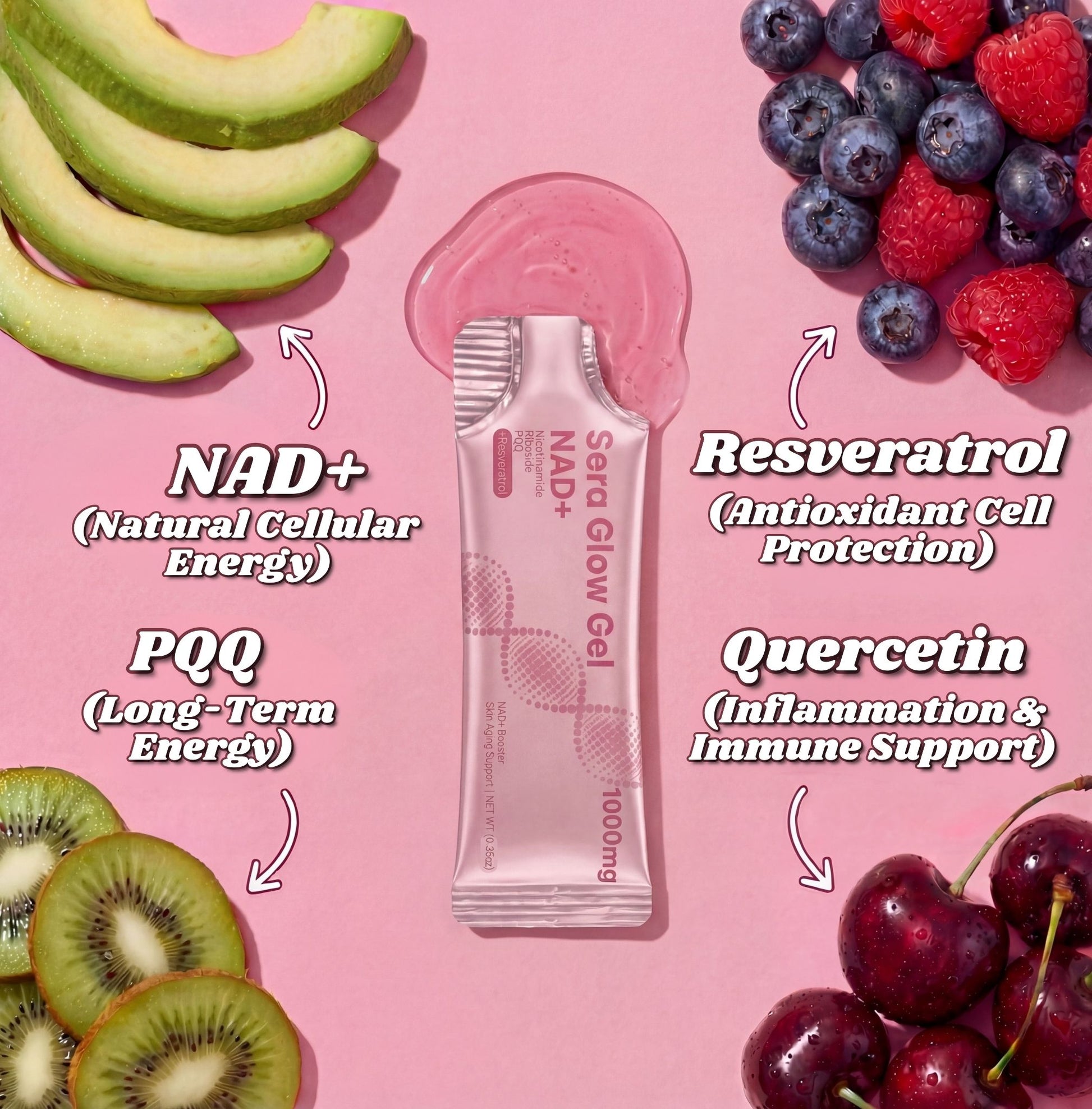 Sera Glow Gel packaging with fruits on a pink background