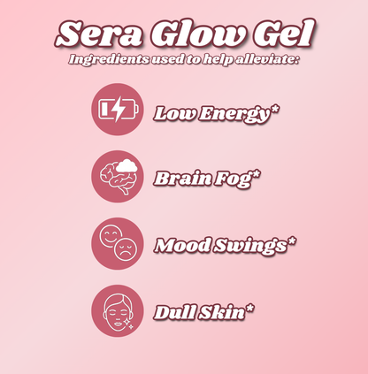 Sera Glow Gel advertisement with ingredients uses on a pink background